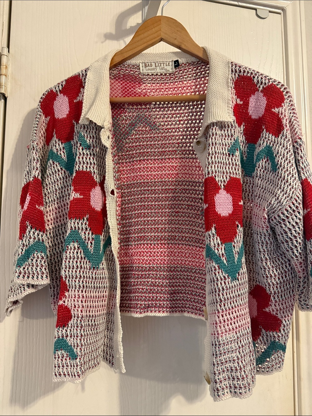 Floral Crochet Cardigan Sweater - Red & Teal on Cream - Picture 4 of 6
